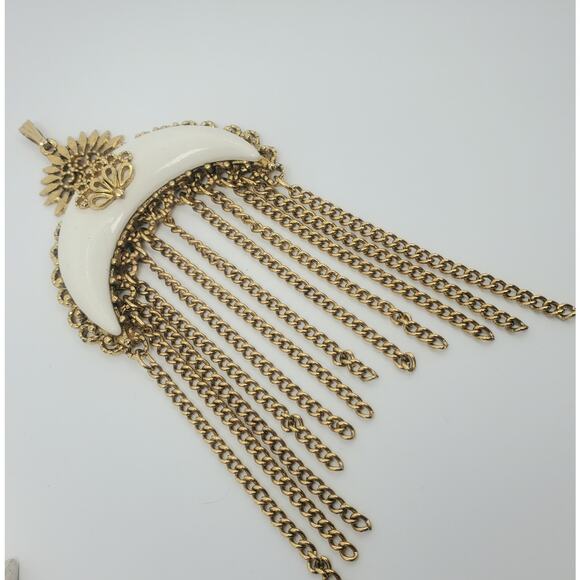 Vintage Ornate Sun and White Enamel Crescent Moon W/Chain Tassels Pendant – Rare - Picture 5 of 7